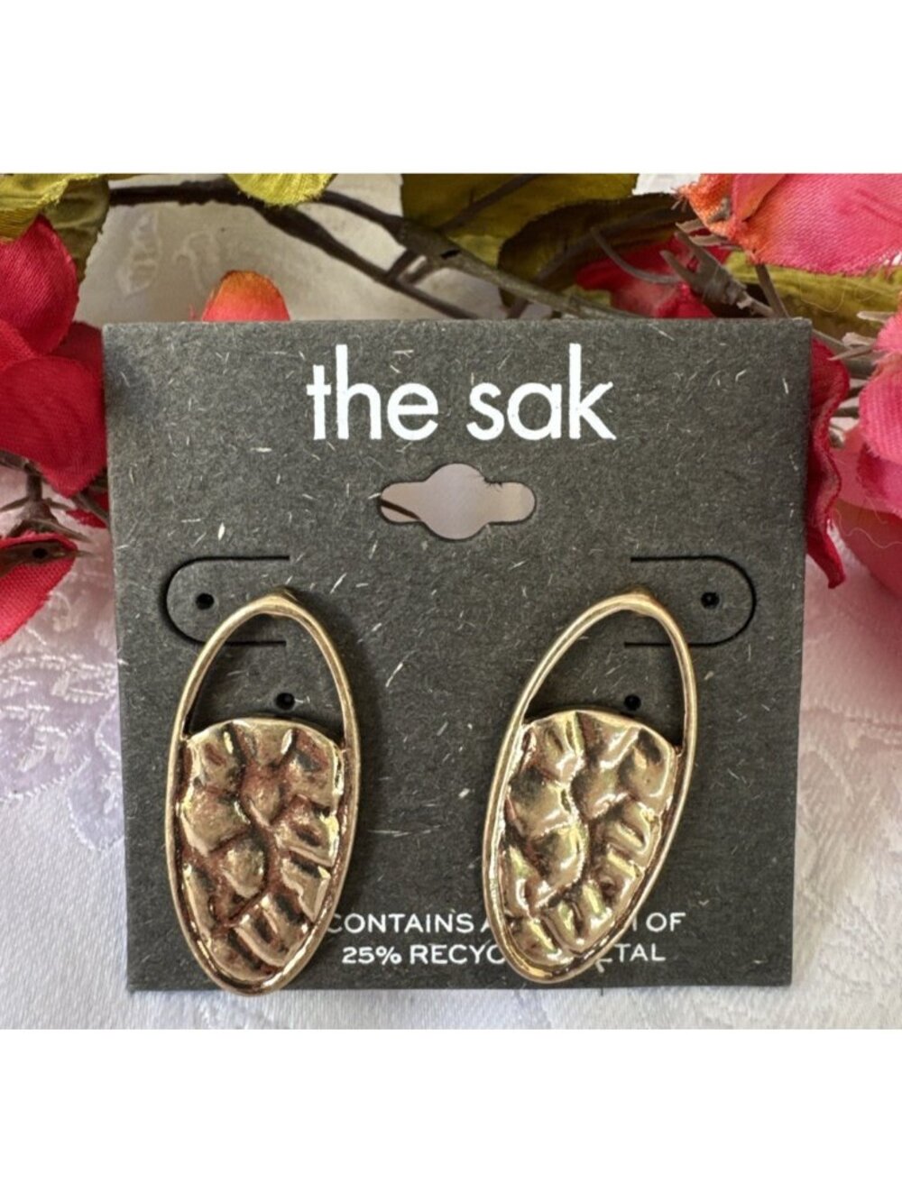 THE SAK Textured Hammered Gold Tone Drop Oval Earrings 1.5" NEW NWT